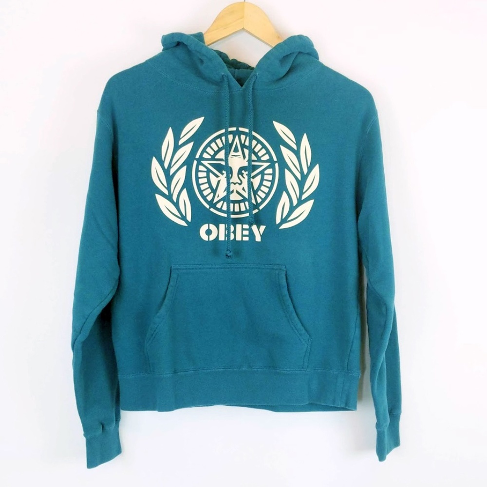 Obey Teal Hoodie with White Laurel Logo L